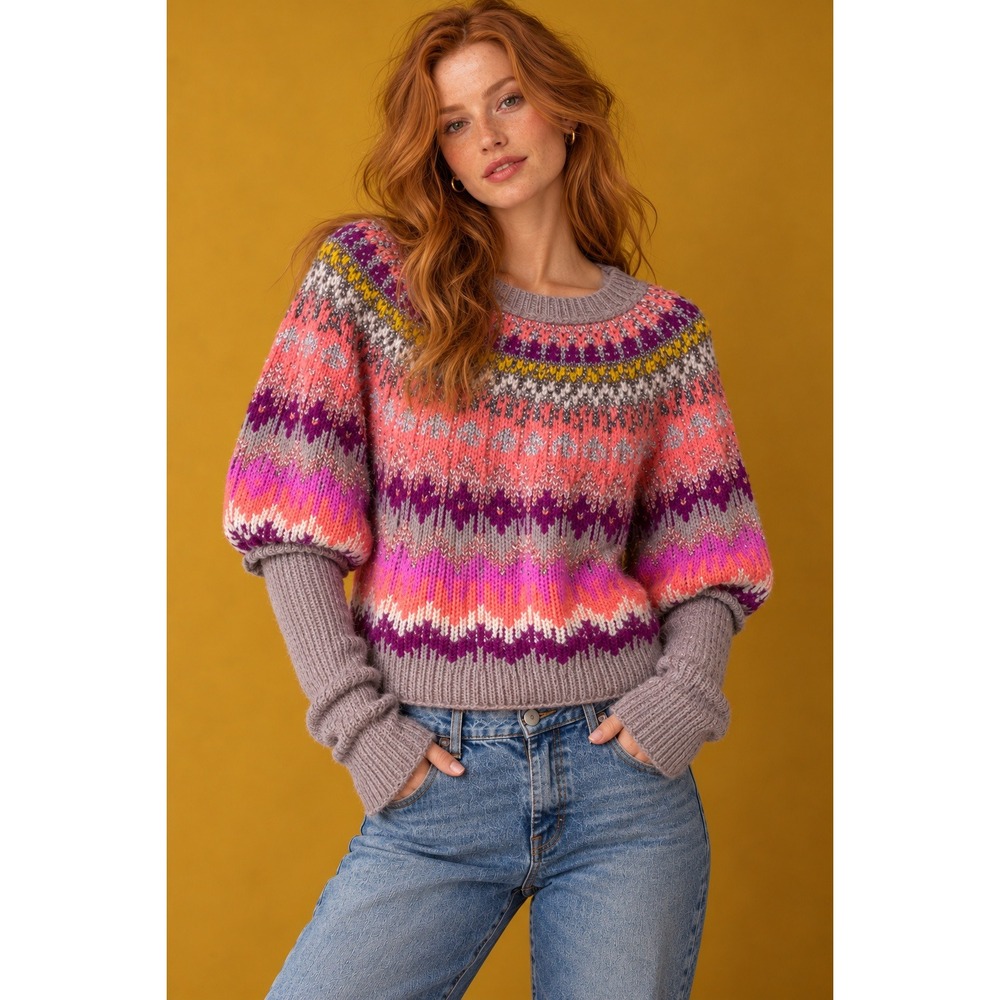 Free People Pink Fair Isle Sequin Cropped Sweater Long Sleeve Small